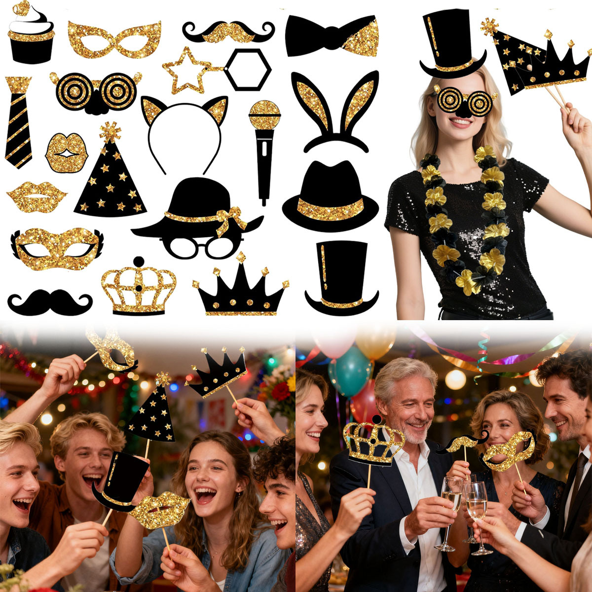 24-piece Birthday Party Photo Prop Set, Including Mustaches, Glasses, Hats, Wigs, And Crowns - Gold And Black Theme, Suitable For 40th, 50th, 60th Weddings, Graduations, Birthday Decorations, Selfie A 3