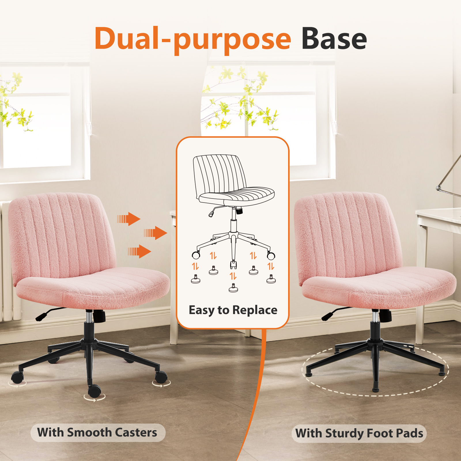 Office Desk Vanity Chair Cross Legged Armless Swivel Fabric Height Adjustable Wide Seat With Replaceable Wheels-Fixed Base, Comfy Task Chair Padded image 4