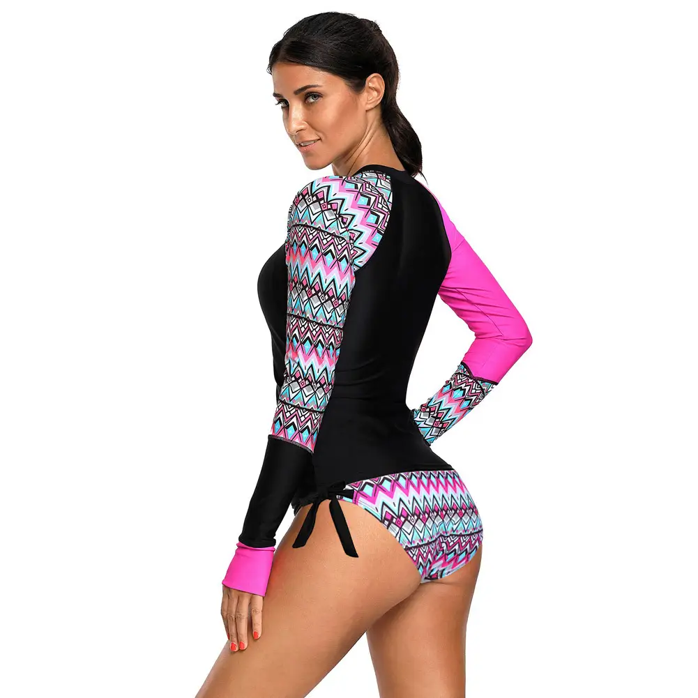 Women's Conservative Round Neck Low Waist Print Lace-up Surf Swimsuit