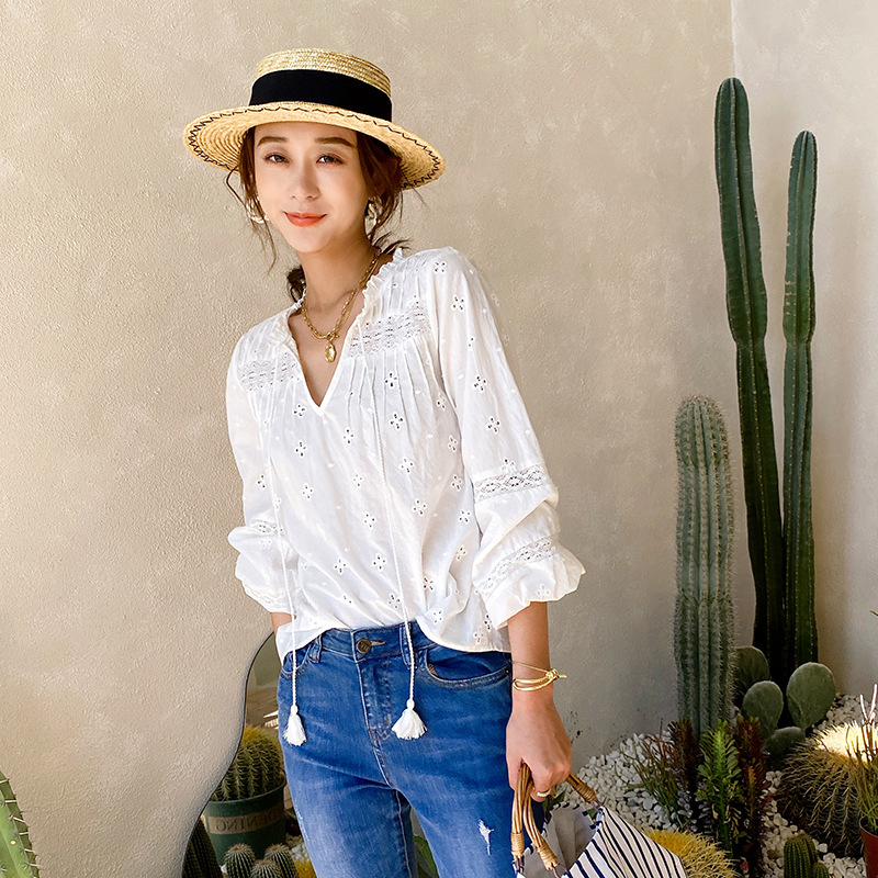 Women's French Long Sleeve White Cotton Embroidered Shirt