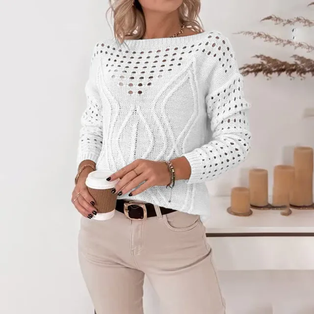 Women's Sweaters Casual Long Sleeve Crew Neck Lightweight Hollow Out Pullover Sweater Tops White - Shop at LoveMi