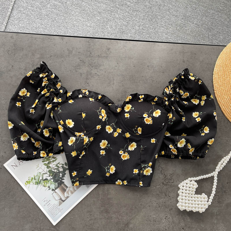 Women's Short Wood Ears With Chest Pads And Floral Chiffon Shirt