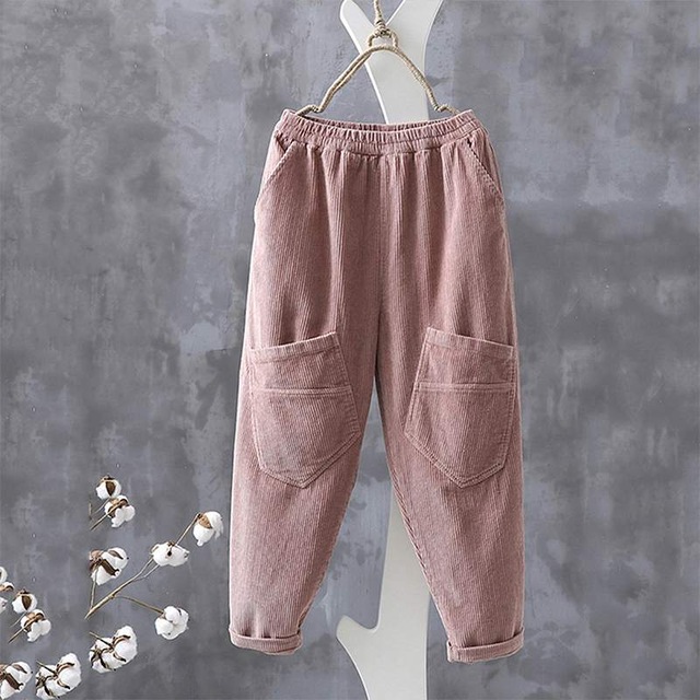 Vintage Elastic Waist Corduroy Pants Plus Size Women