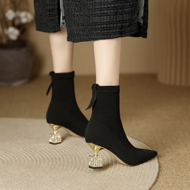Women Pointed Toe Mid calf High heeled Skinny Boots Black - Shop at LoveMi