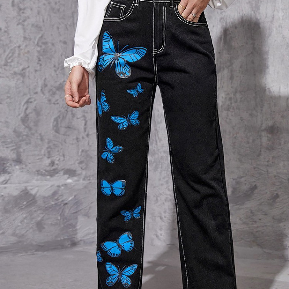 Women's Straight Tube Dark Blue Trousers Black - Shop at LoveMi