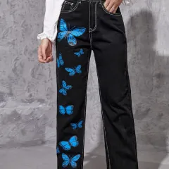 Women's Straight Tube Dark Blue Trousers - Black - View 1