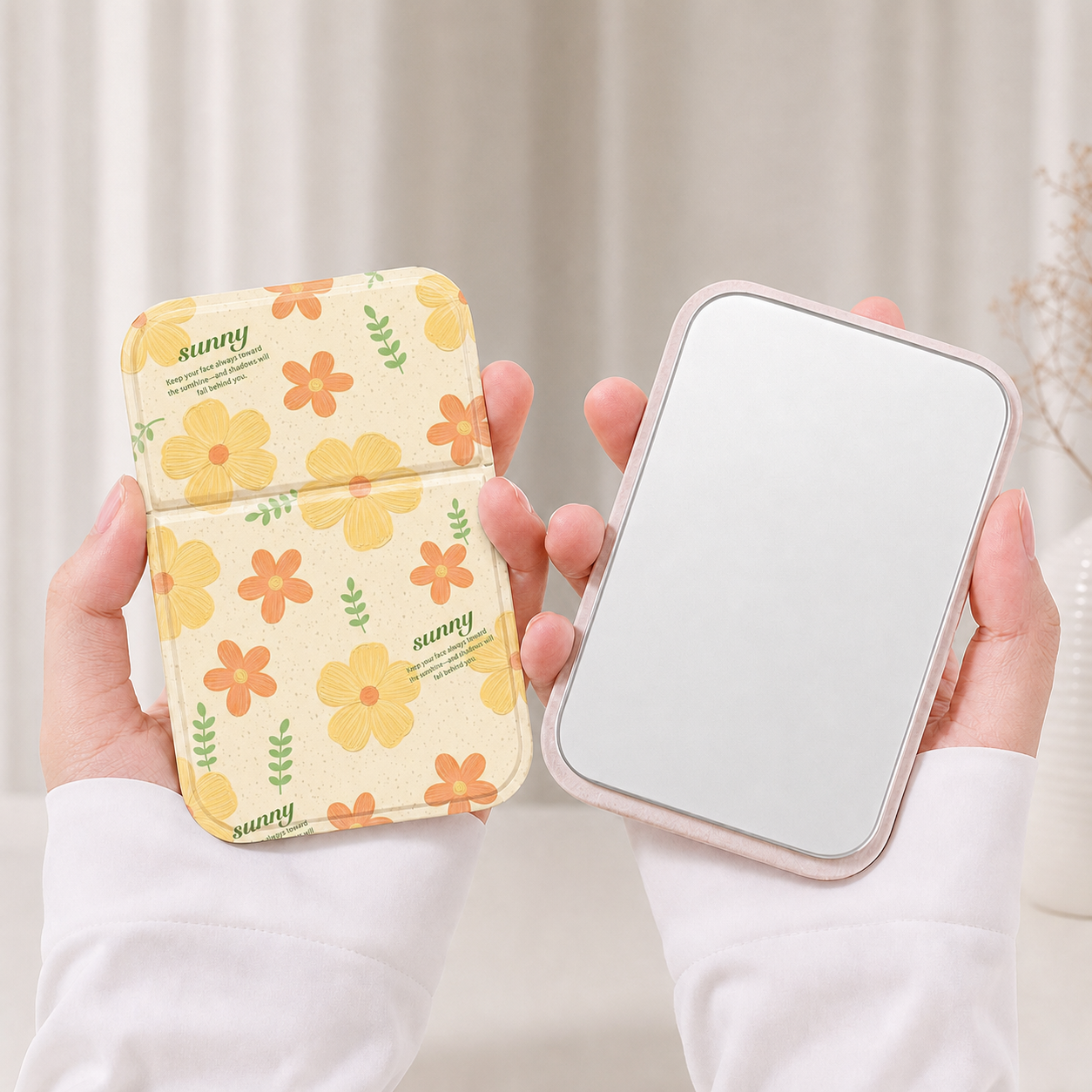 Sunny Yellow Floral Folding Compact Mirror Portable Pocket Double Sided Magnifying Makeup Mirror Travel Cosmetic Mirror Girls Gift OEM Custom