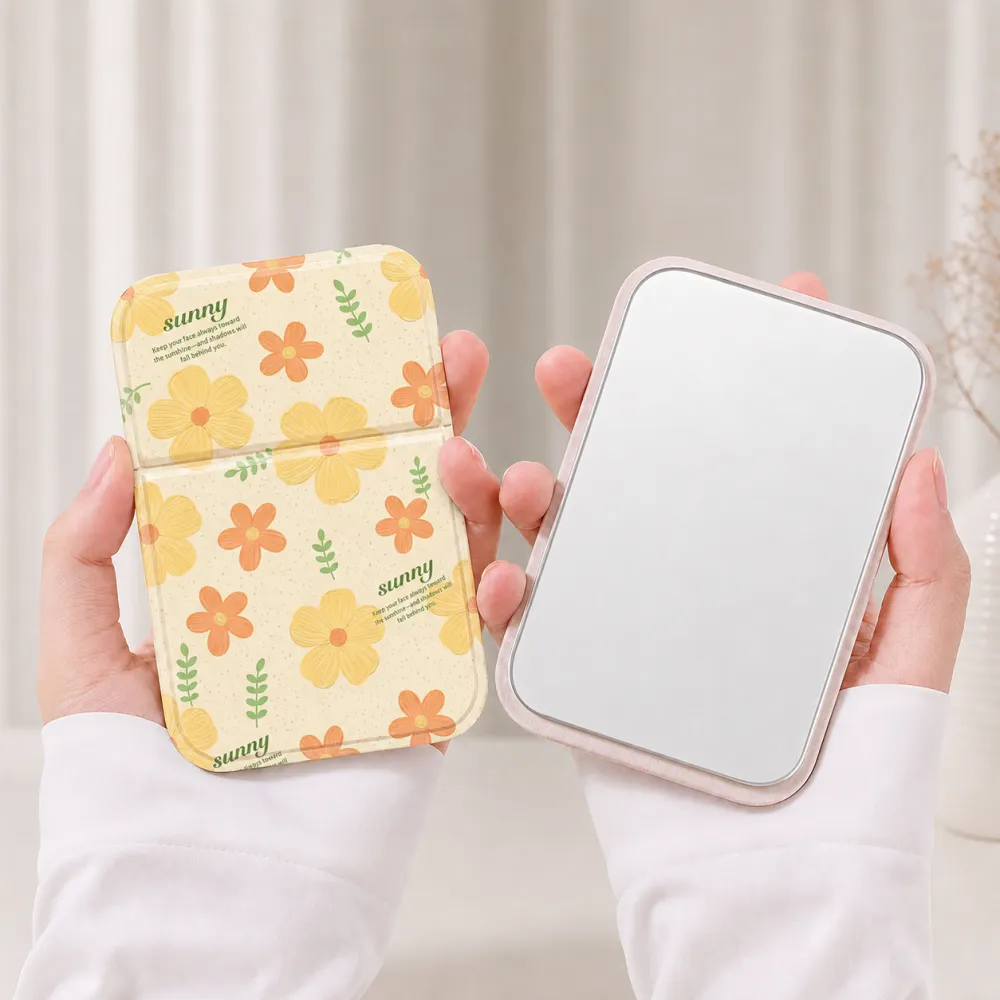 Sunny Yellow Floral Folding Compact Mirror Portable Pocket Double Sided Magnifying Makeup Mirror Travel Cosmetic Mirror Girls Gift OEM Custom