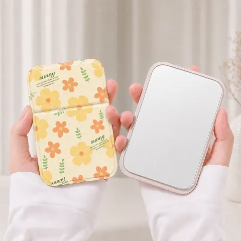 Sunny Yellow Floral Folding Compact Mirror Portable Pocket Double