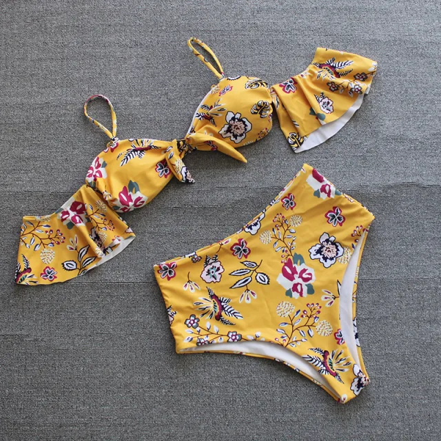 One shoulder Lotus Split High Waist Leaf Print Swimsuit Yellow - Shop at LoveMi