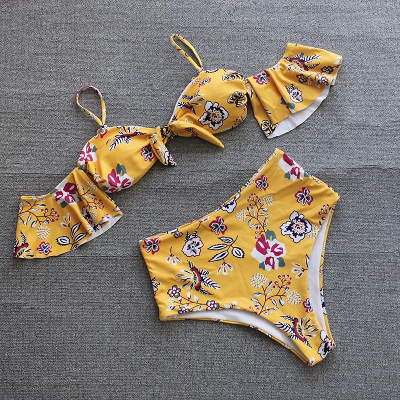 One-shoulder Lotus Split High Waist Leaf Print Swimsuit - Yellow