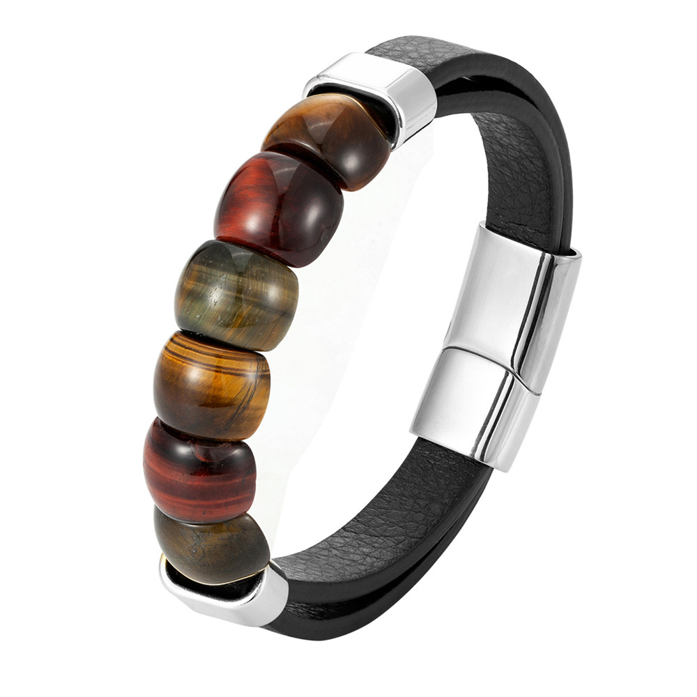 Stainless Steel Multi Layer Leather Bracelet Tiger Eye Stone