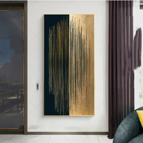 Modern Minimalist Abstract Black Gold Lines Canvas Painting Home