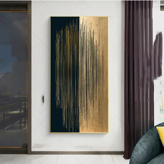 Modern Minimalist Abstract Black Gold Lines Canvas Painting Home Gallery Decor As Shown - Shop at LoveMi