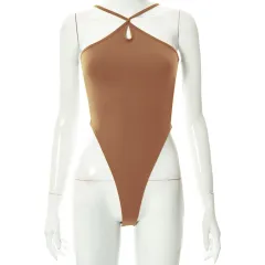 Women's Fashion Strap Solid Colour Bodysuit - Brown - View 1