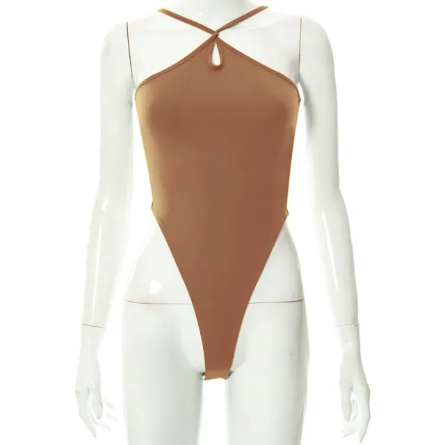 Women's Fashion Strap Solid Color Bodysuit Brown - Shop at LoveMi