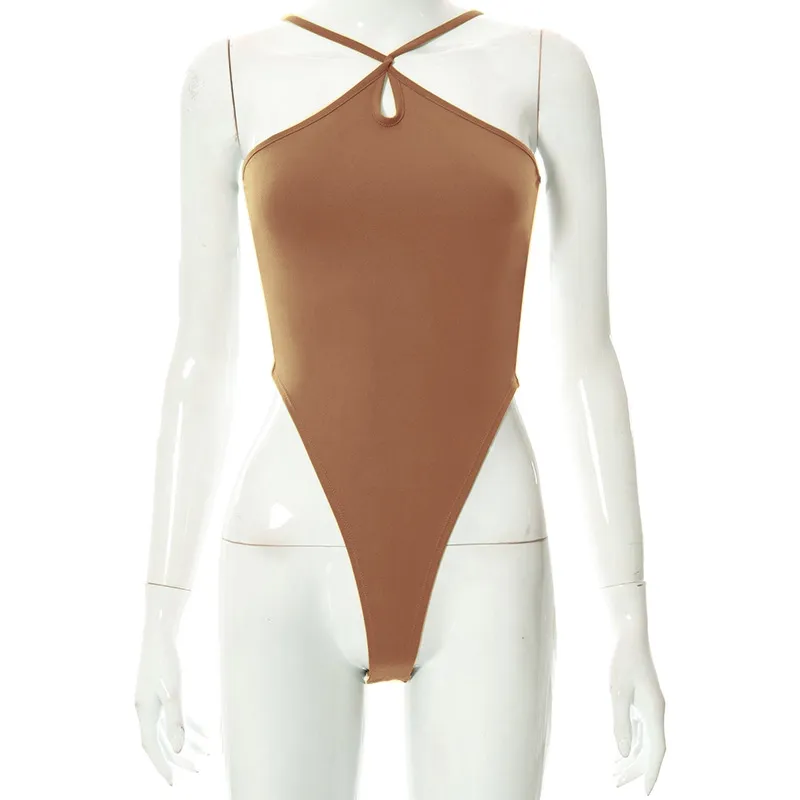 Women's Fashion Strap Solid Colour Bodysuit - Brown