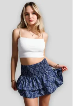 Women's Pleated Ruffles Printed Dress Fashion Floral Bohemian Short Skirt - Blue - View 1