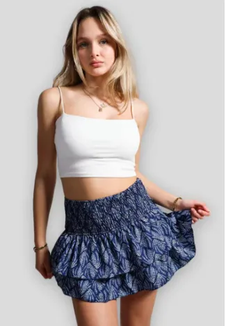 Women's Pleated Ruffles Printed Dress Fashion Floral Bohemian Short Skirt - Blue