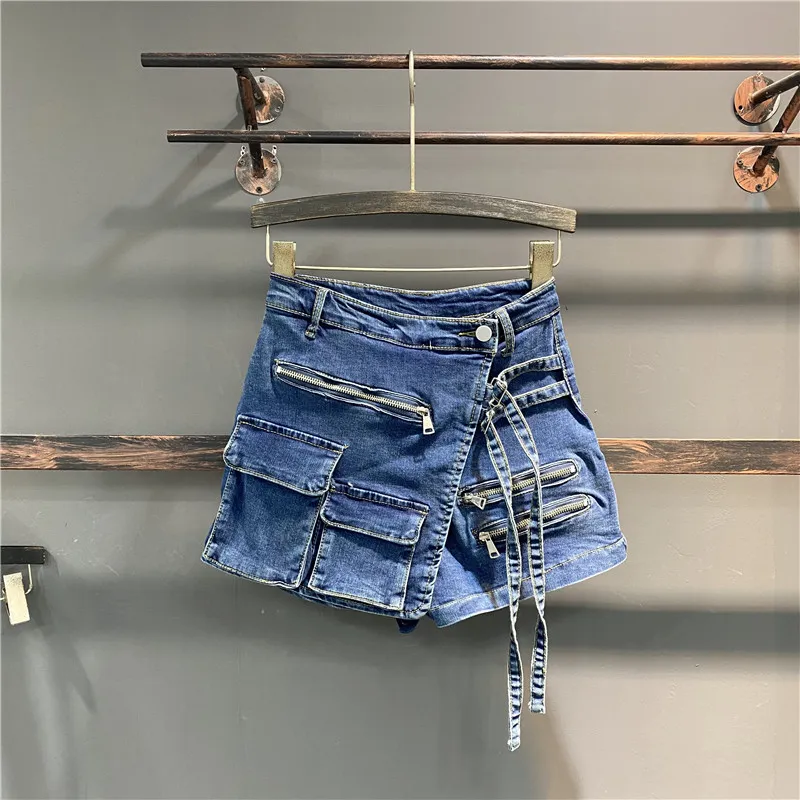 Korean Version Irregular Multi-pocket Work Clothes A-line Shorts - Dark Blue