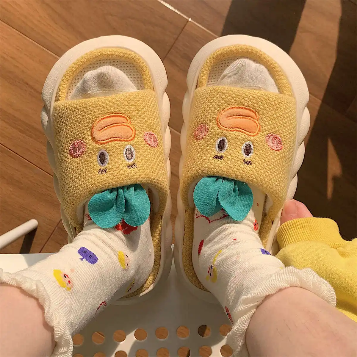 Home Cute Soft Thick Bottom Floor Cotton Linen Sandals Women