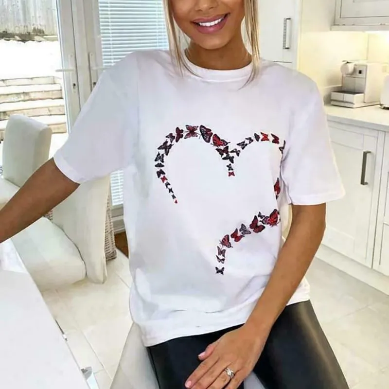 Printed round neck top cotton basic - White
