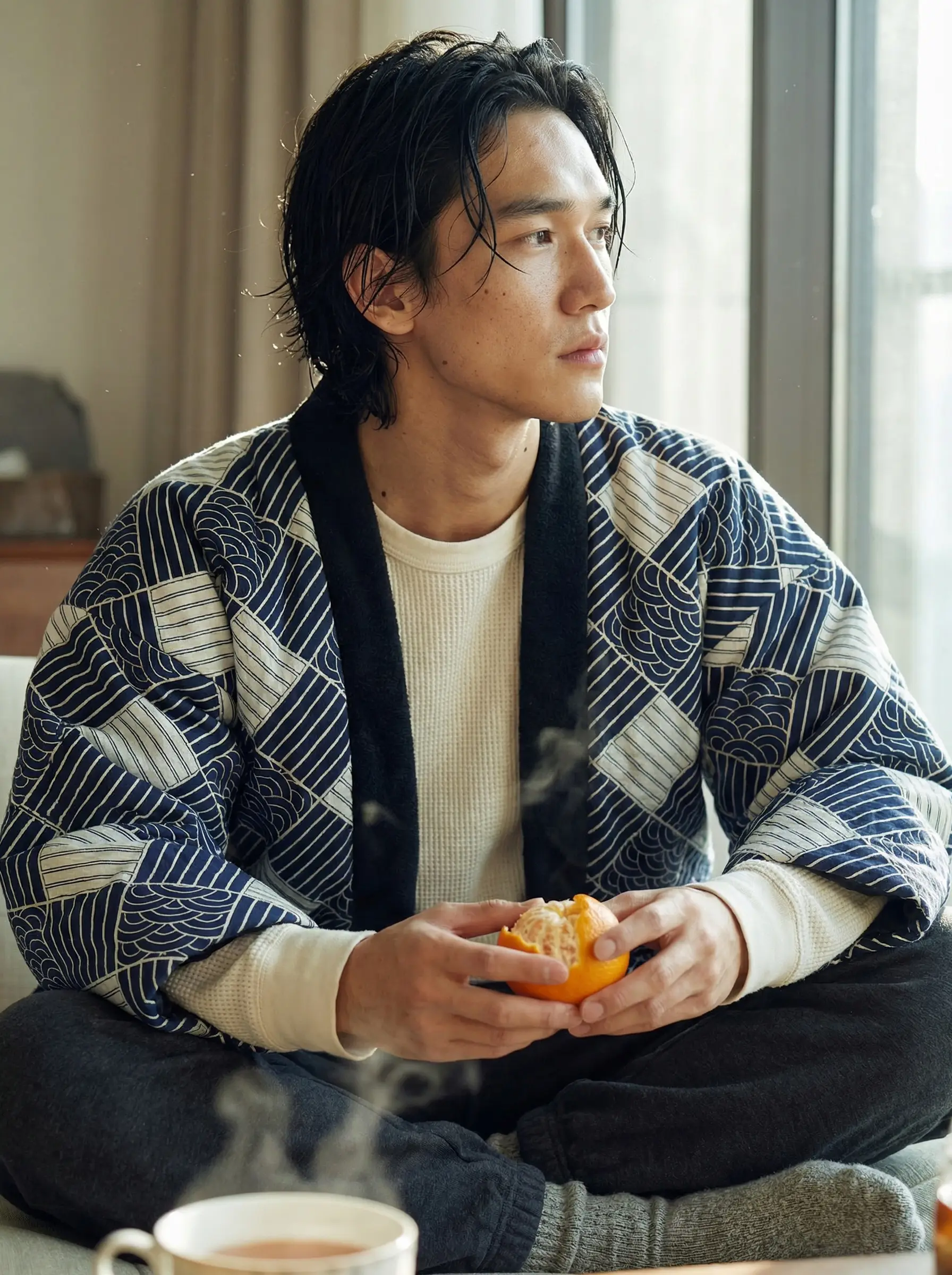 Men's Haori Style Autumn Winter Quilted Jacket Japanese Kimono Coat, Striped Loungewear, Indoor Wear. Lightweight Thermal Japanese Style Cotton Coat