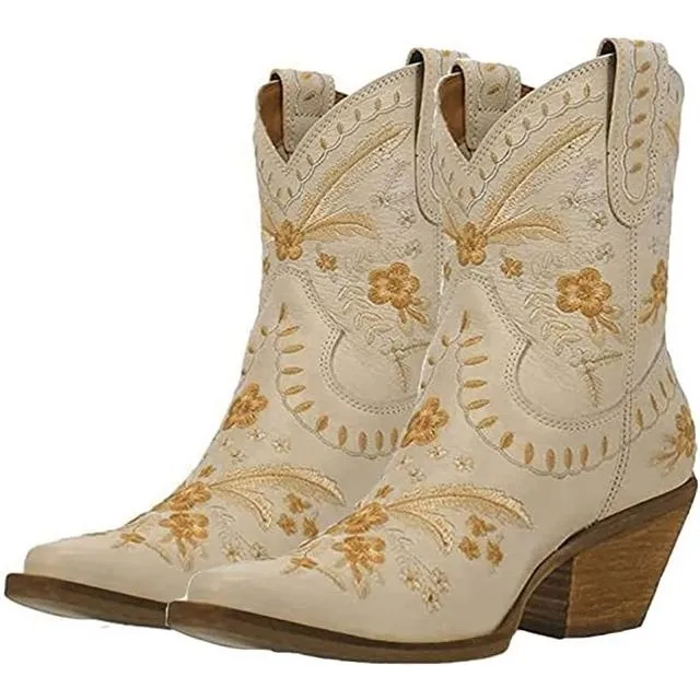Plus Size Chunky High Heel Embroidered Sleeve Ankle Boots Beige - Shop at LoveMi