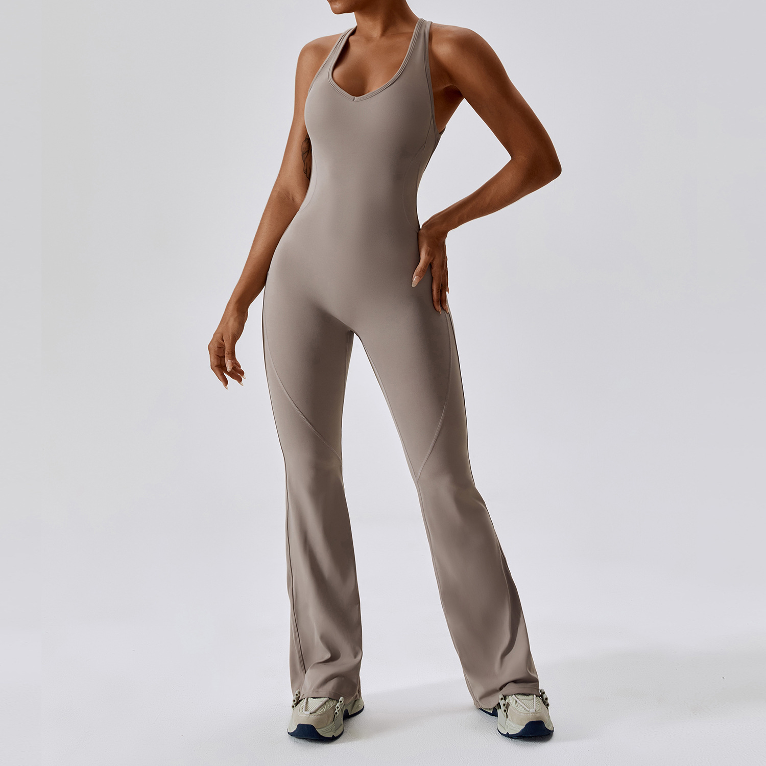 Women Quick Dry One Piece Yoga Jumpsuit High Waist Tummy Control Butt Lifting Flared Leg Bodysuit Gym Dance Workout Outfit 4