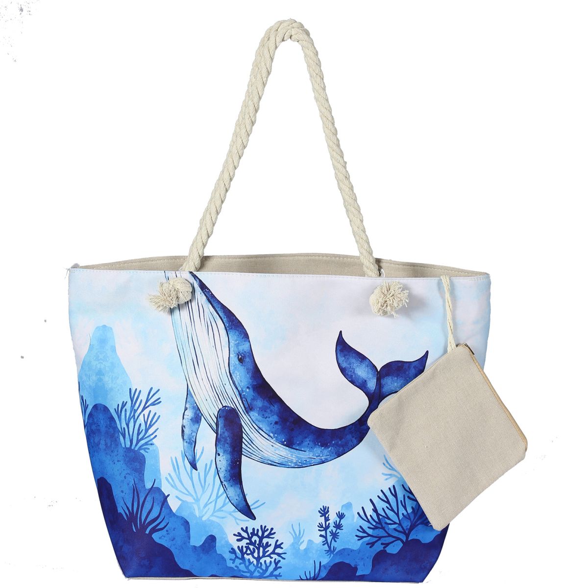 Waterproof Beach Tote Bag for Women. MATERIAL: Unique outer canvas material, inter polyester, hemp rope handle, foldable, easy to clean, waterproof and sandproof, durable and washable. LARGE BEACH BAG: Size 22.83 X 7.87 X 14.96 inch, there is enough space