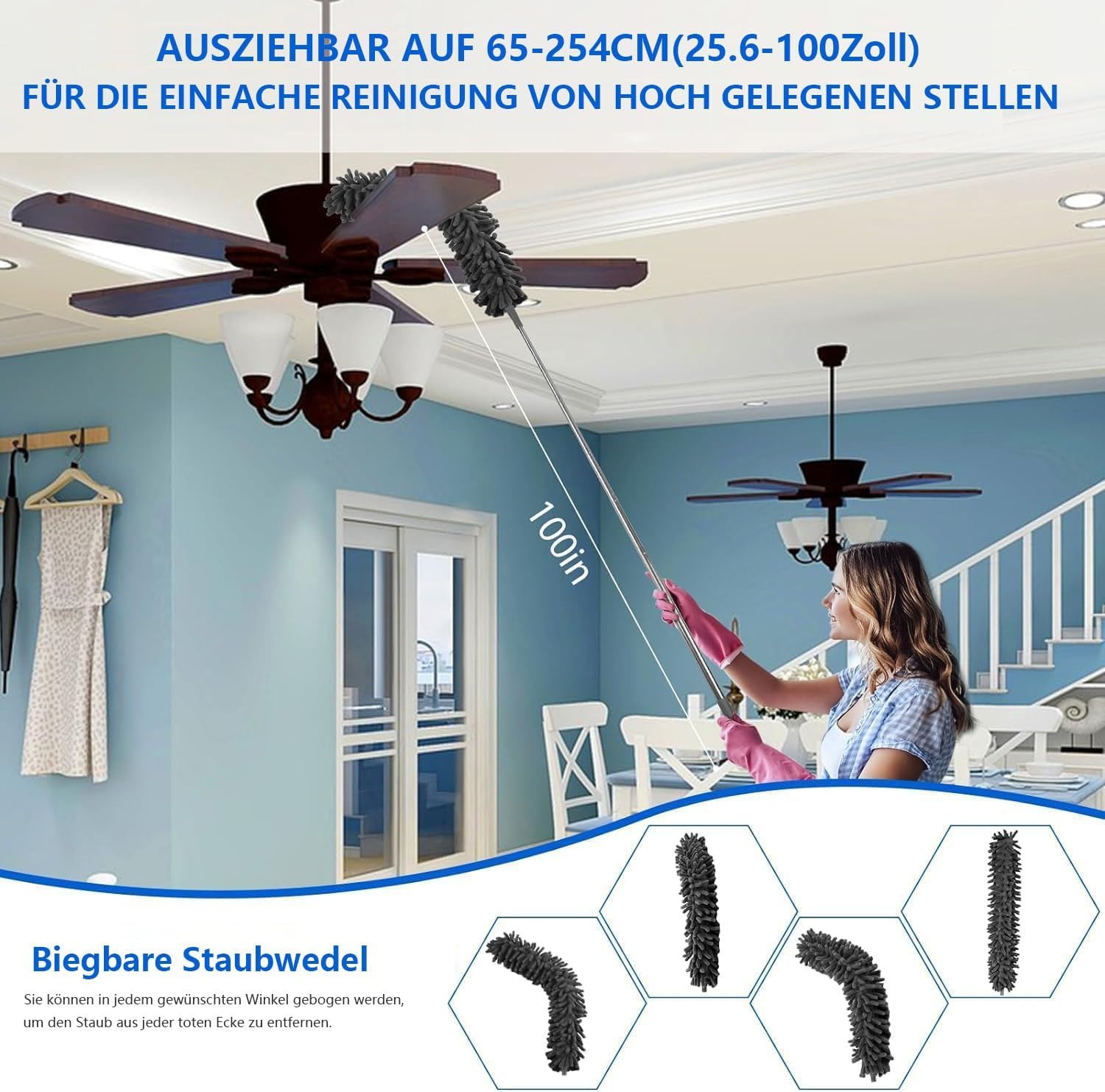 7-teiliges Mikrofaser Staubwedel Set Mit Teleskopstange 38-210 Cm Biegbar & Waschbar