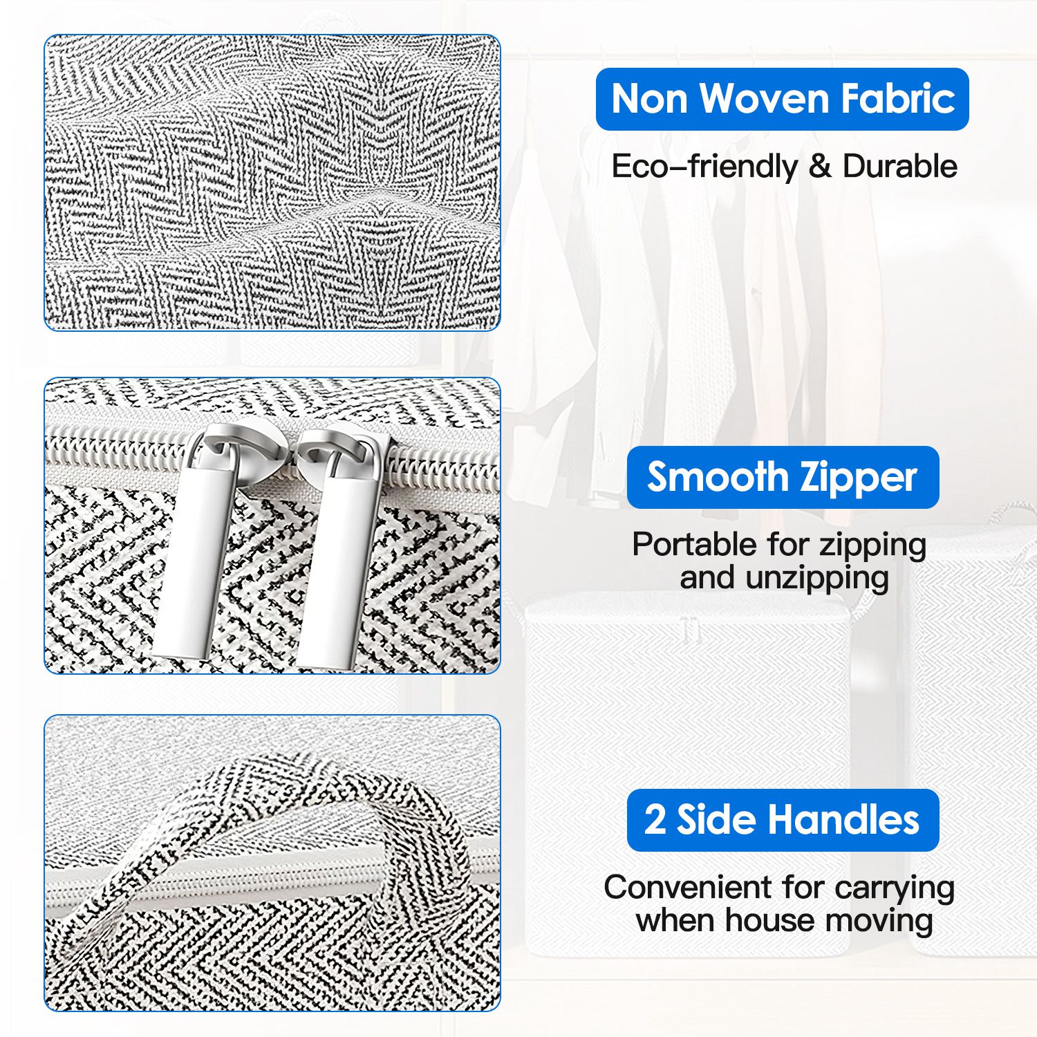4 Pack Foldable Non Woven Storage Bags Closet Organizers Wardrobe Sorting Baskets With 2 Handles Dustproof Lid Zipper For Clothes Quilt 30L 110L 150L 220L