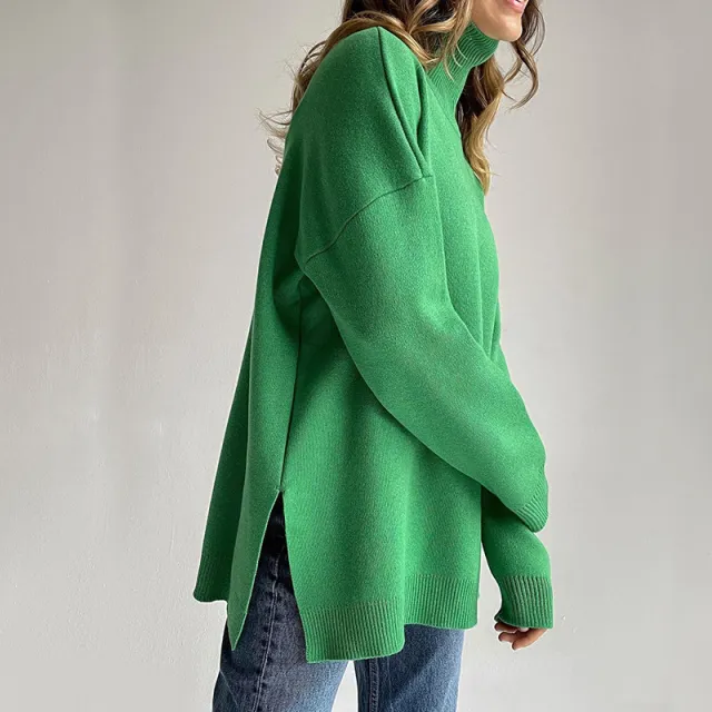 Loose Pullover Sweater Fashion Split High Neck Versatile Sweater Women Green - Shop at LoveMi