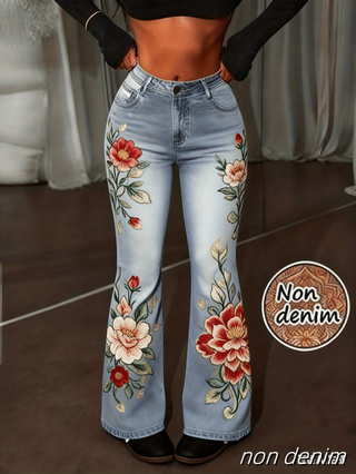 Pantalon évasé femme rétro imprimé, taille haute à bouton unique – Color1, XXL