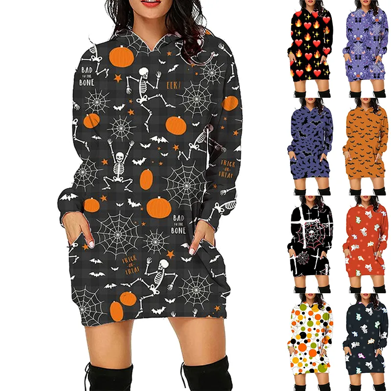 Halloween Print Long Hoodie with Pockets Sweater Sleeve Clothes