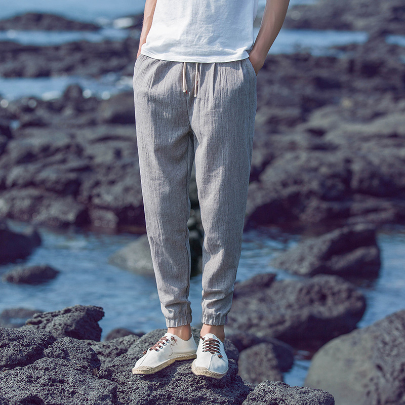 Title 7, Mens Linen Cropped Trousers, Pleated, Loose Co...