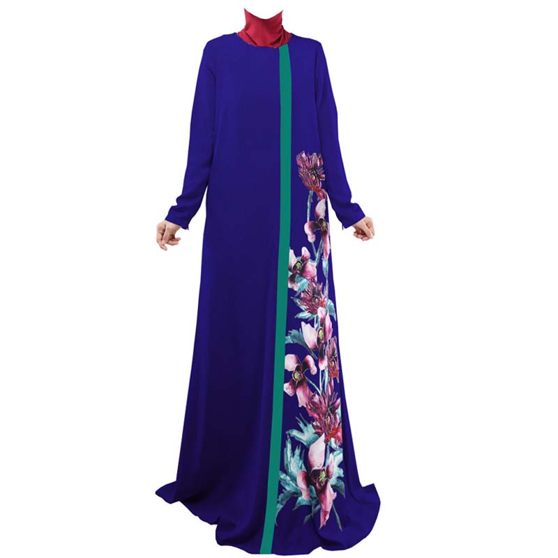 Long sleeve ethnic dress with round neck and zipper - full length view