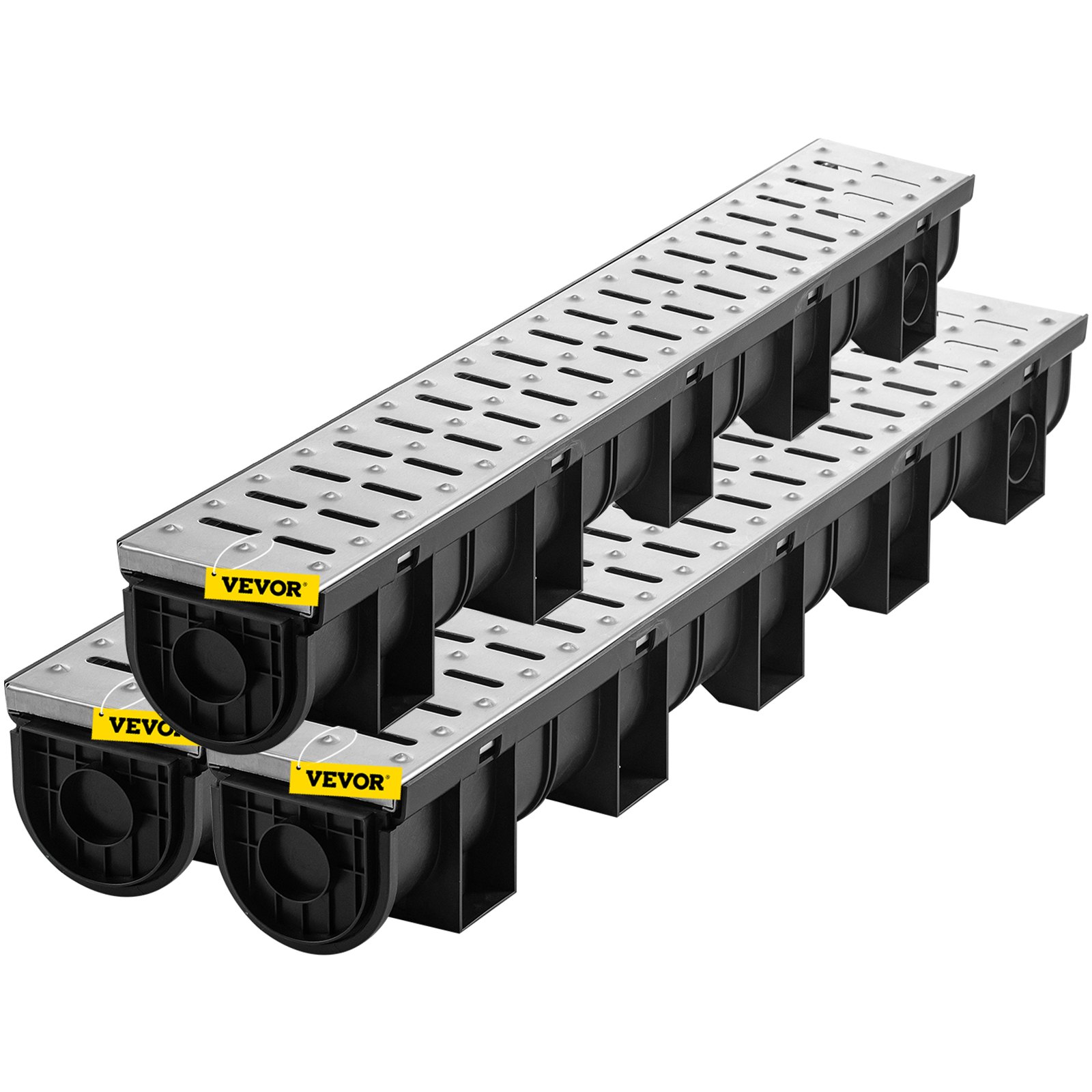 VEVOR Trench Drain System, Channel Drain With Metal Grate, 5.9x5.1-Inch HDPE Drainage Trench, Black Plastic Garage Floor Drain, 3x39 Trench Drain Grate, With 3 End Caps, For Garden, Driveway-3 Pack image 7