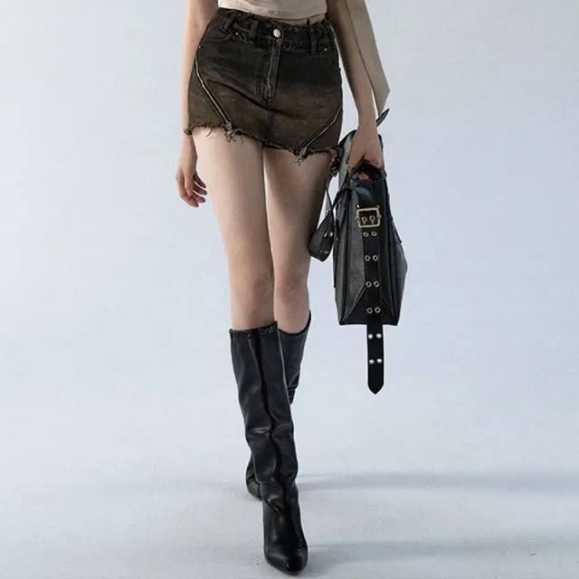 Dirty Washed Gradient Denim Short Skirt Shorts Coffee - Shop at LoveMi