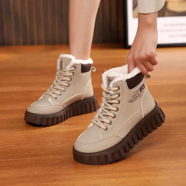Ins Lace up Snow Boots Winter Warm Fleece Flat Shoes For Women Fashion Casual Plush Ankle Boot Khaki - Shop at LoveMi