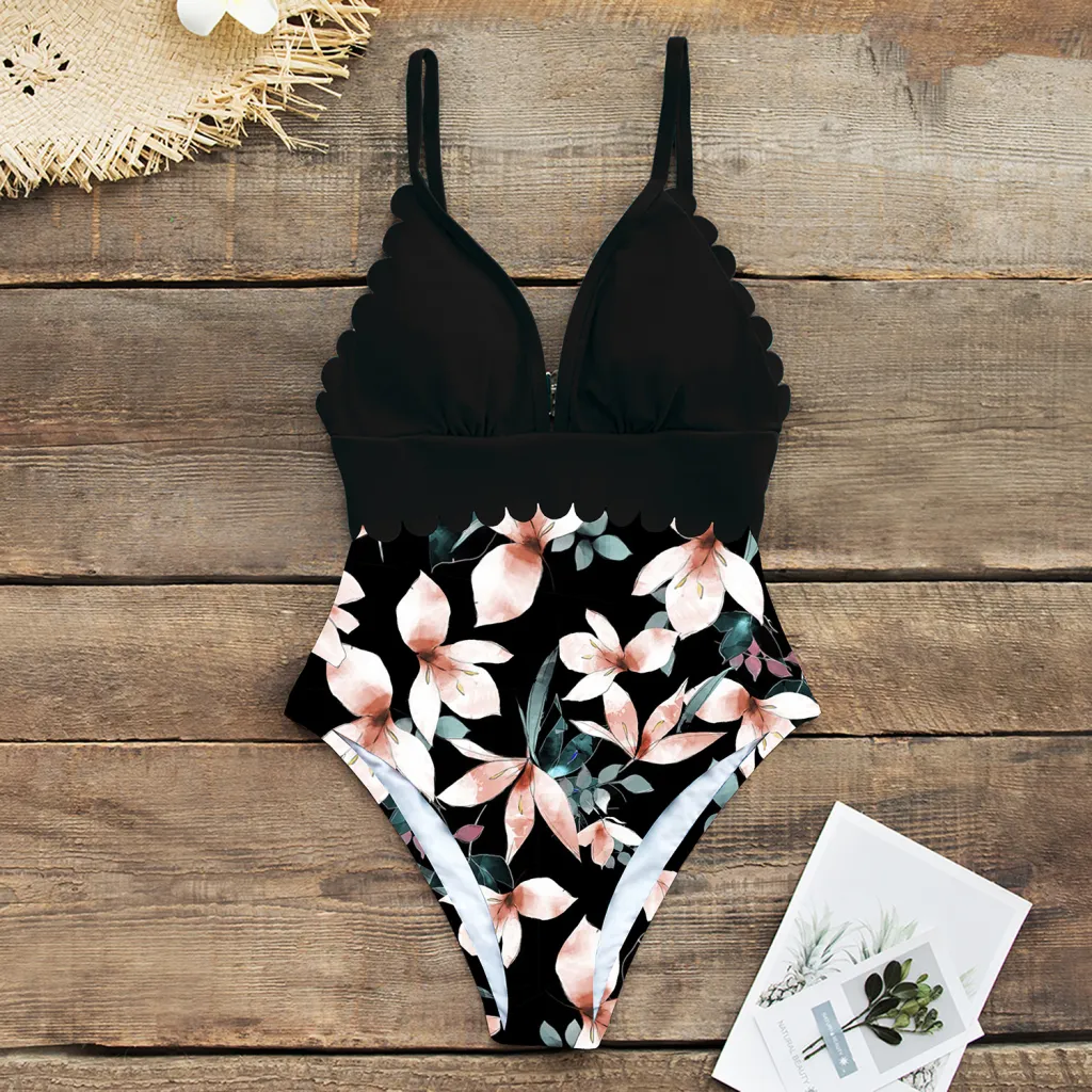 One-Piece Swimsuit Printed Cut Lace Swimsuit Halter Sexy Swimsuit - Black