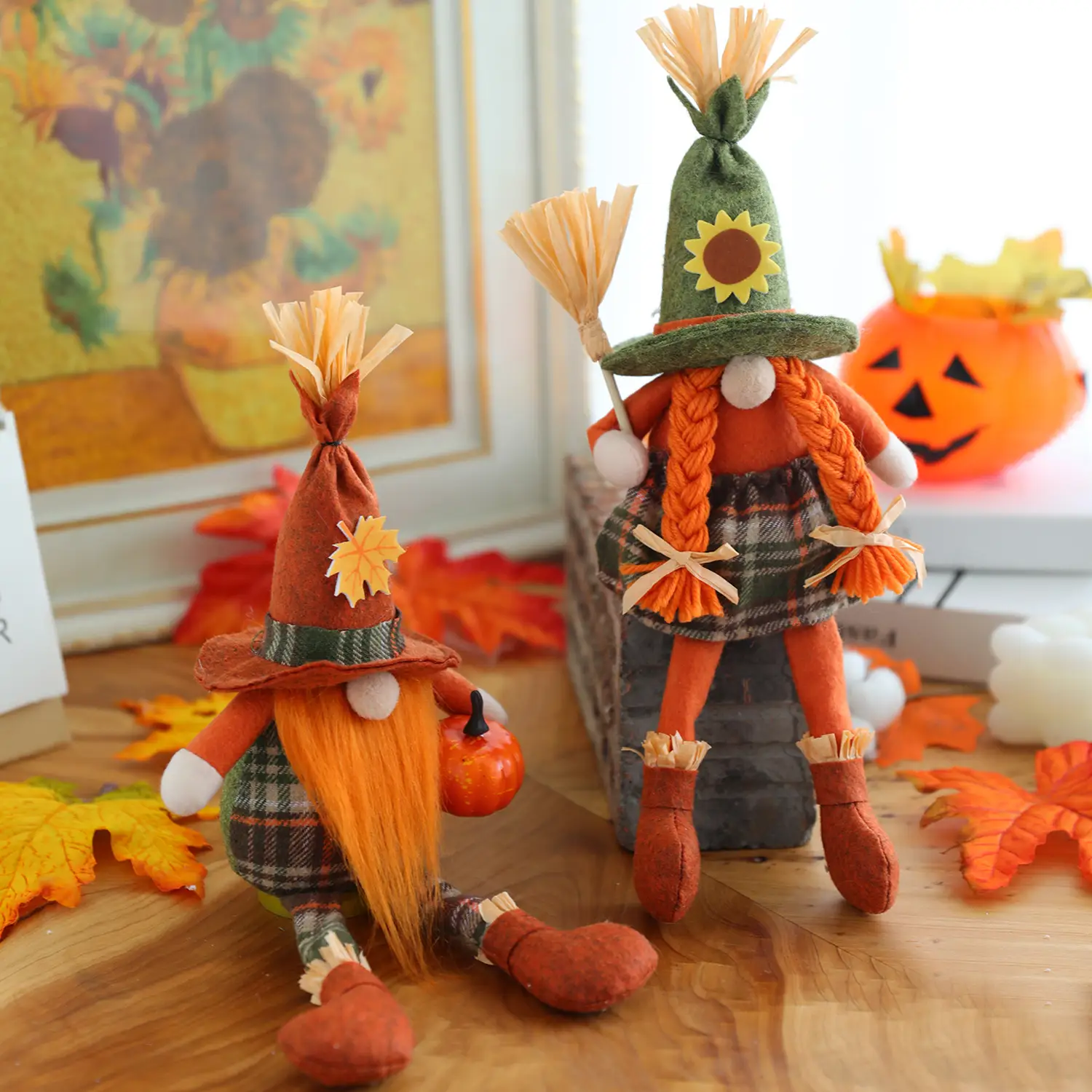 Harvest Festival Pumpkin Broom Scarecrow Faceless Doll Decoration