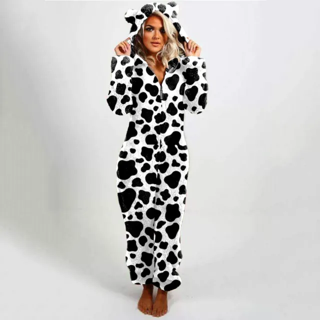 Ladies Hooded Slim fit Plaid Double sided Velvet Casual Jumpsuit Black And White Milk Spots - Shop at LoveMi