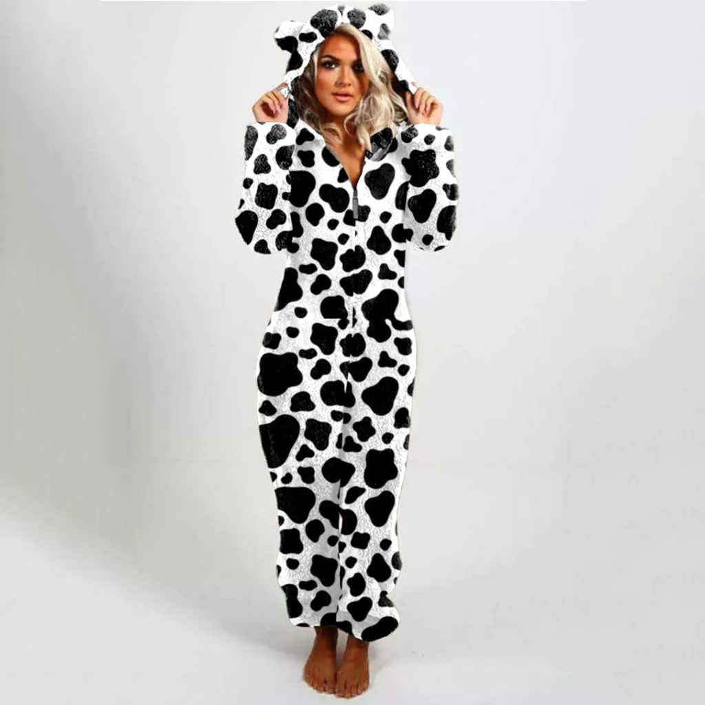 Ladies Hooded Slim-fit Plaid Double-sided Velvet Casual Jumpsuit - Black And White Milk Spots