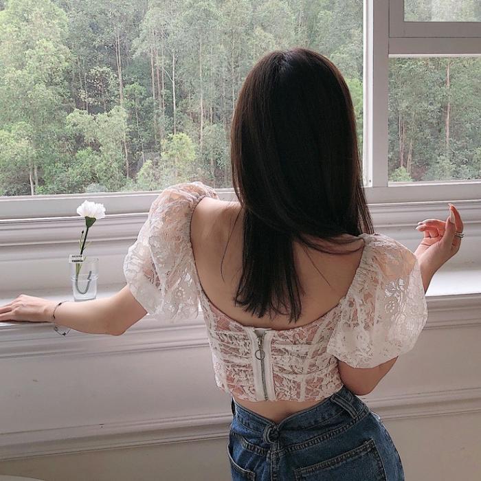 Women's Fashion Square Neck Slim Fit Puff Sleeve Shirt