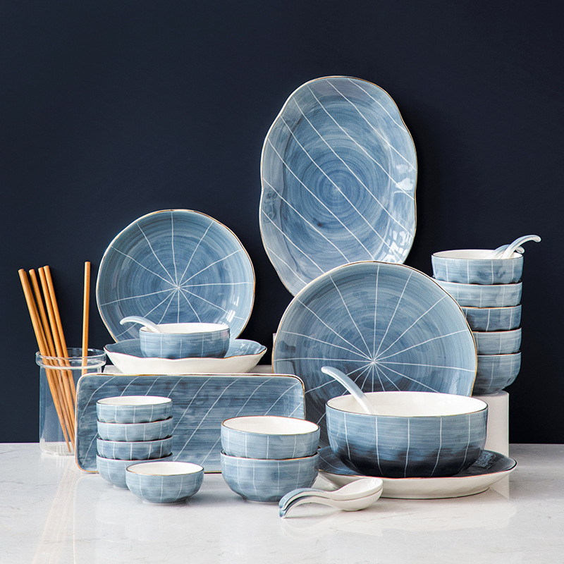 Stone Pattern Underglaze Ceramic Tableware With Gold Edging