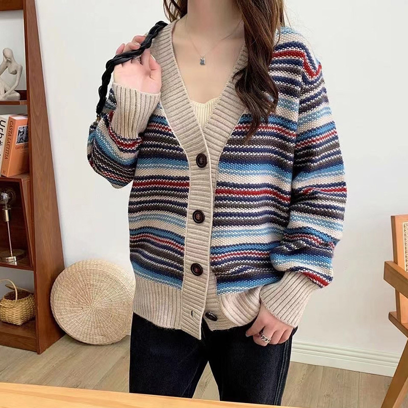 Versatile Loose V-neck Color Stripe Sweater