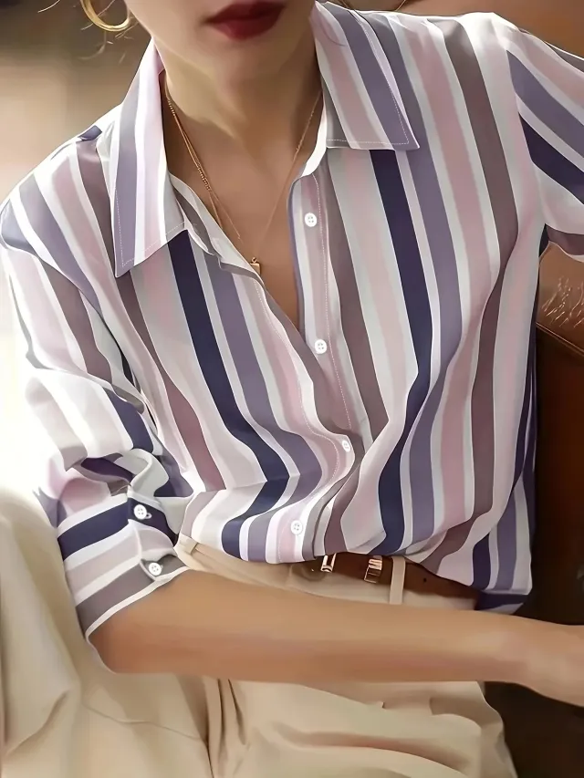 Ladies' Long sleeved Striped Printed Versatile Casual Shirt Purple - Shop at LoveMi