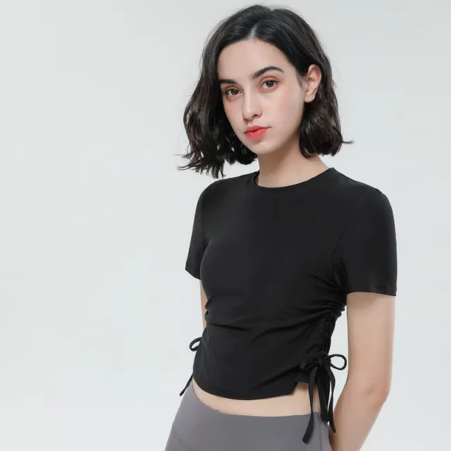 Short sleeved Quick drying T shirt Slimming Outer Wear Fitness Clothes Drawstring Yoga Top Black - Shop at LoveMi