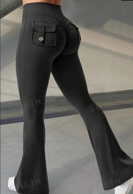 Yoga Fitness Flared Pants With Pockets Ins Fashion Slim High Waist Sports Trousers Scrunch Butt Booty Workout Lifting Leggings Black - Shop at LoveMi